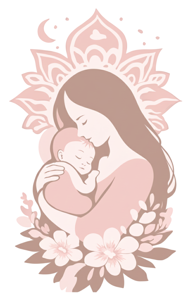 Ilustração de mãe abraçando bebê com amor e cuidado